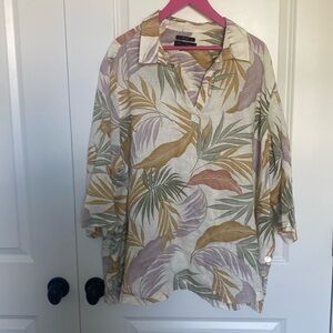Tahari Linen Tropical Palm‎ Print Top